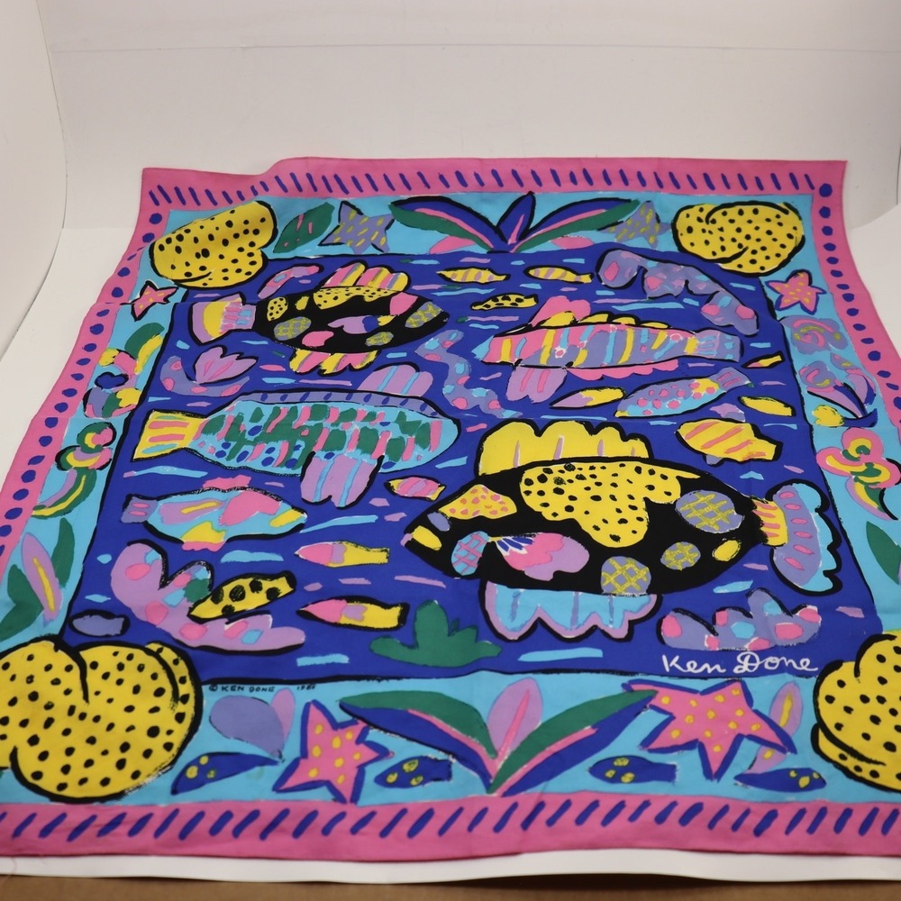 Ken Done Scarf Women OS Blue Pink Good Vintage 1982‎ Fish Silk Art Scarf
